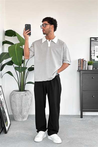 Gri California Polo Yaka OUTPLENTY PREMİUM Oversize Tişört