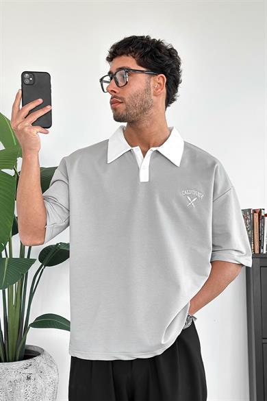 Gri California Polo Yaka OUTPLENTY PREMİUM Oversize Tişört