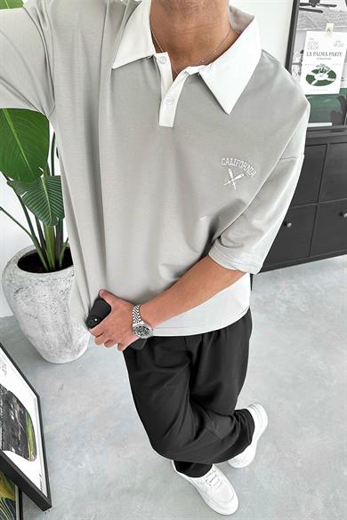 Gri California Polo Yaka OUTPLENTY PREMİUM Oversize Tişört