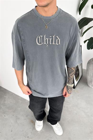Gri Child Nakış Detay Oversize Tişört