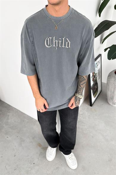 Gri Child Nakış Detay Oversize Tişört