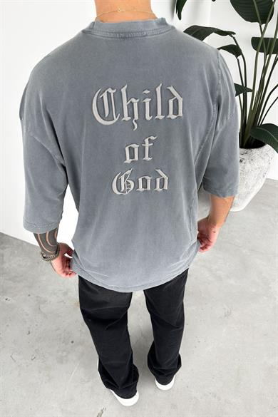 Gri Child Nakış Detay Oversize Tişört