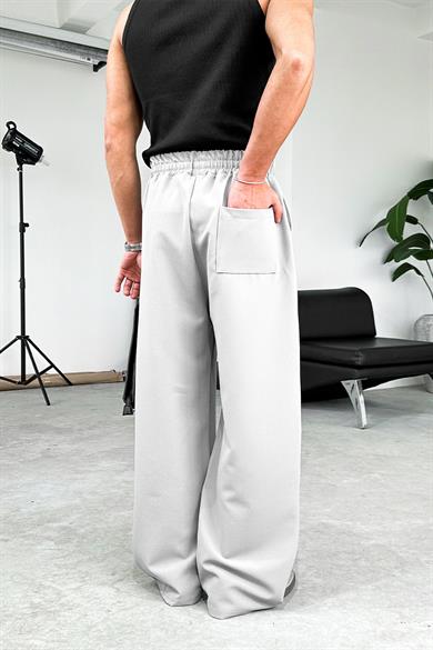 Gri Çimalı Beli Lastikli Baggy Kumaş Pantolon