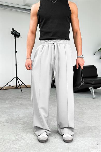Gri Çimalı Beli Lastikli Baggy Kumaş Pantolon