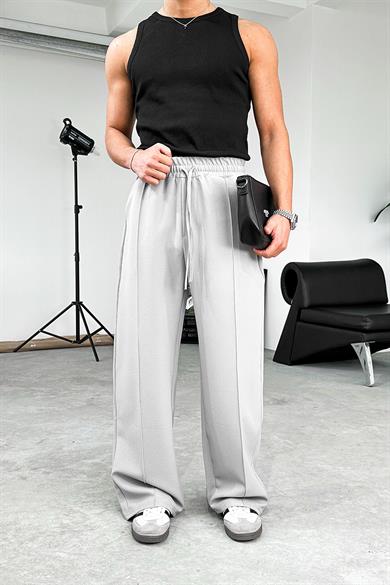 Gri Çimalı Beli Lastikli Baggy Kumaş Pantolon