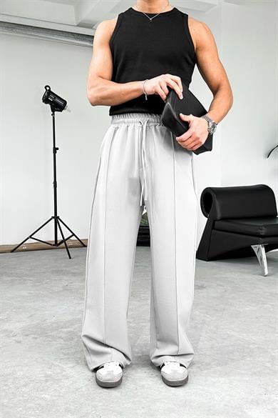 Gri Çimalı Beli Lastikli Baggy Kumaş Pantolon