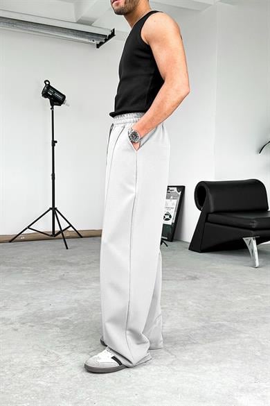 Gri Çimalı Beli Lastikli Baggy Kumaş Pantolon