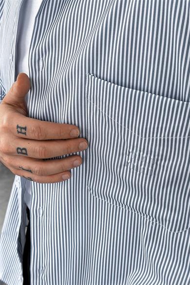 Gri Çizgili Kabartma Detay Oversize Gömlek