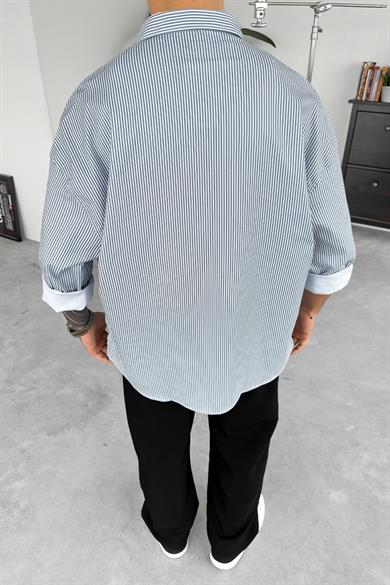 Gri Çizgili Kabartma Detay Oversize Gömlek