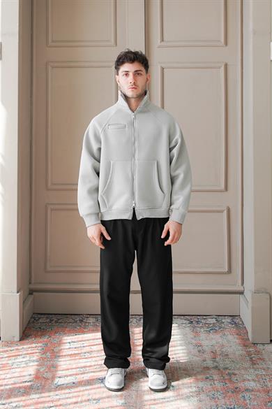 Gri Cozy Basic Çift Fermuar Oversize Sweatshirt