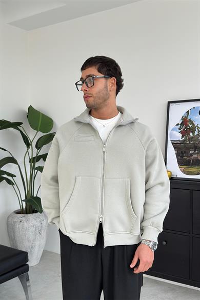 Gri Cozy Basic Çift Fermuar Oversize Sweatshirt