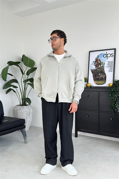 Gri Cozy Basic Çift Fermuar Oversize Sweatshirt