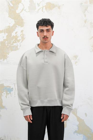 Gri Cozy Basic Oversize Polo Yaka Sweatshirt