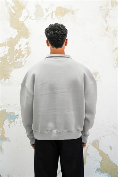 Gri Cozy Basic Oversize Polo Yaka Sweatshirt