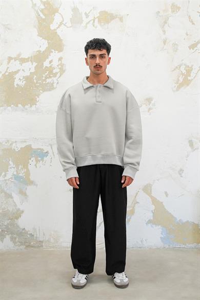 Gri Cozy Basic Oversize Polo Yaka Sweatshirt