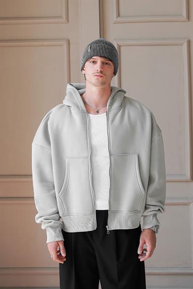 Gri Cozy Basic Tam Fermuar Oversize Sweatshirt