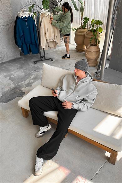 Gri Cozy Basic Tam Fermuar Oversize Sweatshirt