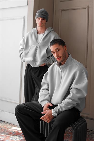 Gri Cozy Basic Tam Fermuar Oversize Sweatshirt