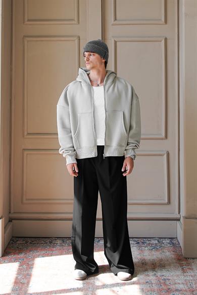 Gri Cozy Basic Tam Fermuar Oversize Sweatshirt