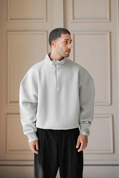 Gri Cozy Basic Yarım Fermuar Oversize Sweatshirt