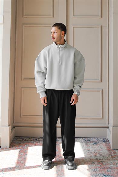 Gri Cozy Basic Yarım Fermuar Oversize Sweatshirt