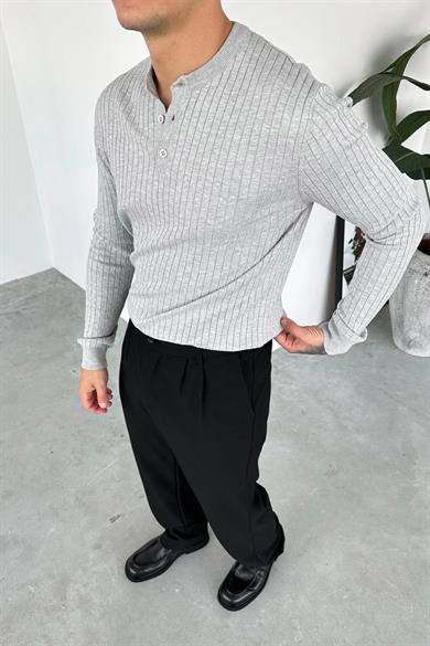 Gri Düğmeli Yaka Relaxed Uzun Kollu Tişört