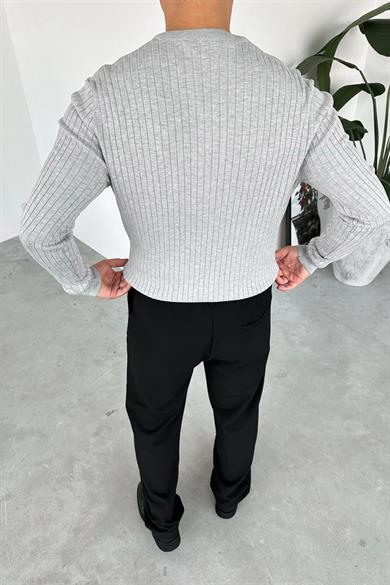 Gri Düğmeli Yaka Relaxed Uzun Kollu Tişört