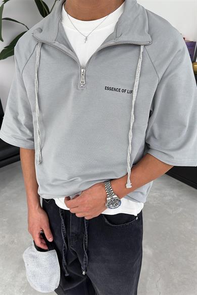 Gri Fermuarlı EE Oversize Polo Yaka Tişört