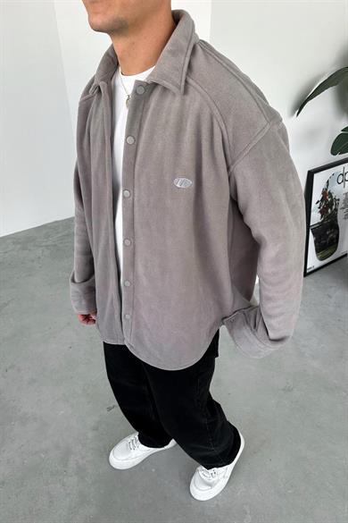 Gri G Nakışlı Oversize Polar Gömlek