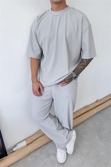 Gri İnce Fitilli Oversize Tişört