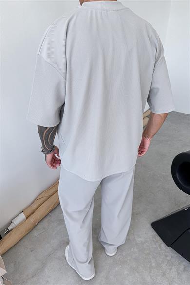 Gri İnce Fitilli Oversize Tişört