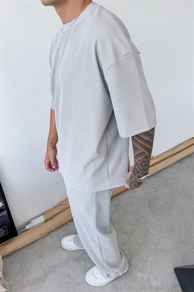 Gri İnce Fitilli Oversize Tişört