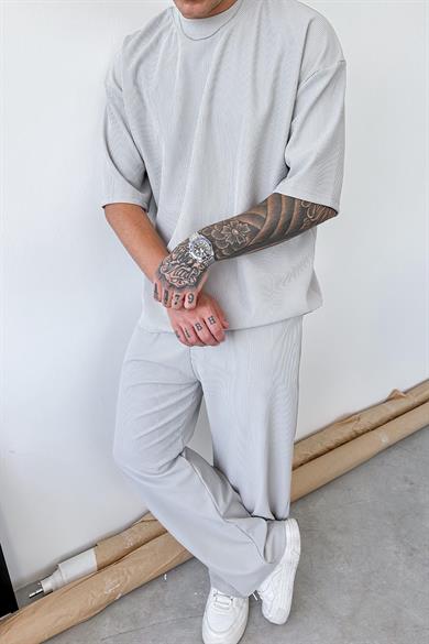 Gri İnce Fitilli Oversize Tişört