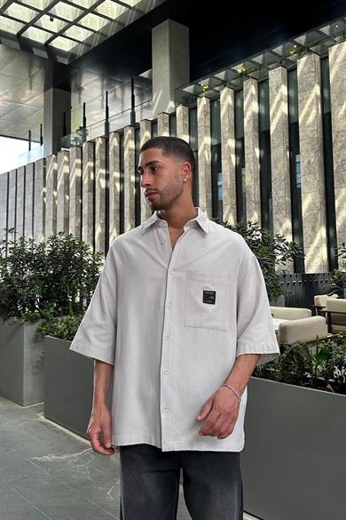 Gri Keten Ön Cep Nakış Detay S8 BS Oversize Gömlek