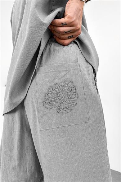 Gri Leaf Nakış Detay Baggy Keten Şort