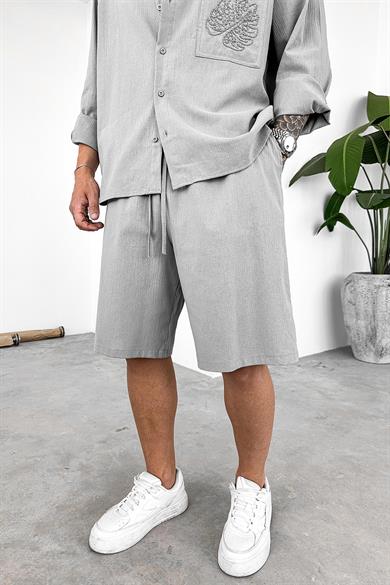 Gri Leaf Nakış Detay Baggy Keten Şort