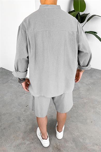 Gri Leaf Nakış Detay Oversize Keten Gömlek