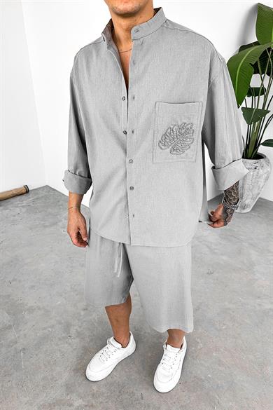 Gri Leaf Nakış Detay Oversize Keten Gömlek