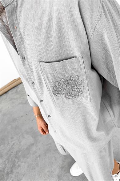 Gri Leaf Nakış Detay Oversize Keten Gömlek