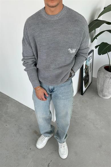Gri Los Angeles Nakış Oversize Triko Kazak