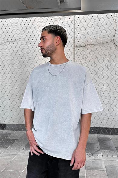 Gri Melanj Acid Wash Basic M7 PM Oversize Tişört