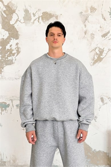 Gri Melanj Cozy Basic Bisiklet Yaka Oversize Eşofman Takımı