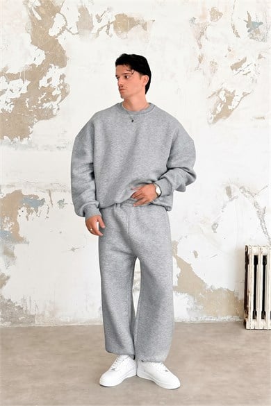 Gri Melanj Cozy Basic Bisiklet Yaka Oversize Eşofman Takımı