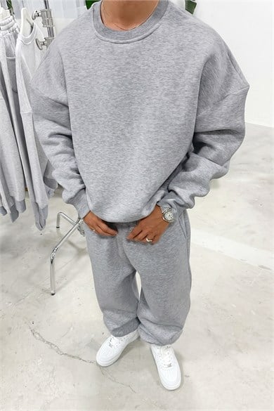 Gri Melanj Cozy Basic Bisiklet Yaka Oversize Eşofman Takımı