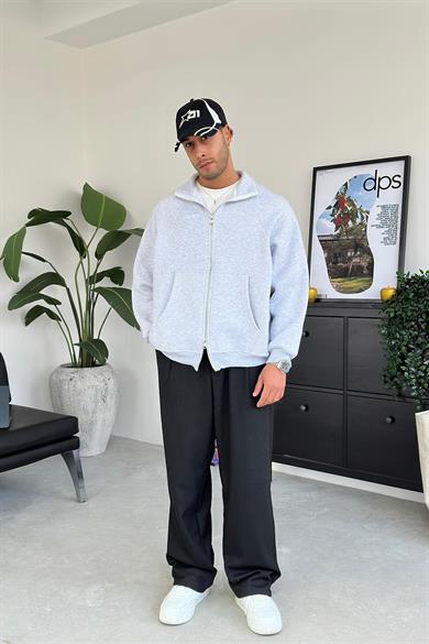 Gri Melanj Cozy Basic Çift Fermuar Oversize Sweatshirt