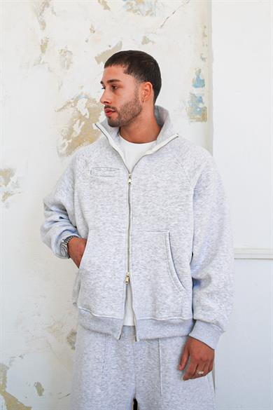 Gri Melanj Cozy Basic Çift Fermuar Oversize Sweatshirt