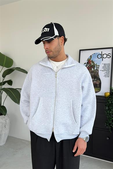 Gri Melanj Cozy Basic Çift Fermuar Oversize Sweatshirt