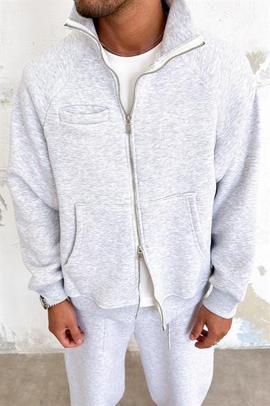 Gri Melanj Cozy Basic Çift Fermuar Oversize Sweatshirt