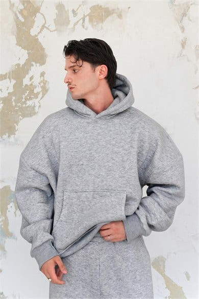 Gri Melanj Cozy Basic Kanguru Oversize Eşofman Takımı