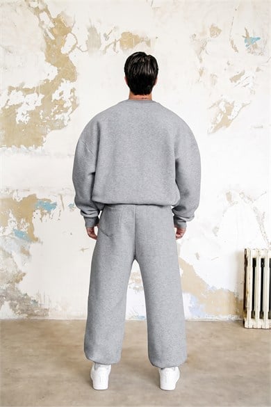 Gri Melanj Cozy Basic Kanguru Oversize Eşofman Takımı
